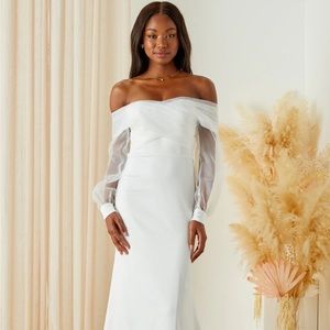 White Satin Organza Off-the-Shoulder Maxi Dress
